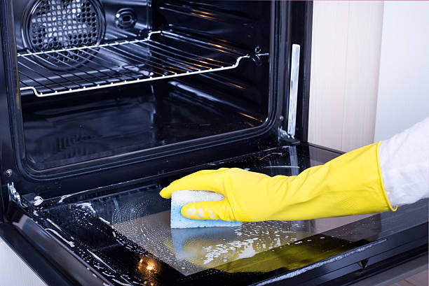 Professional cleaner wiping kitchen surfaces