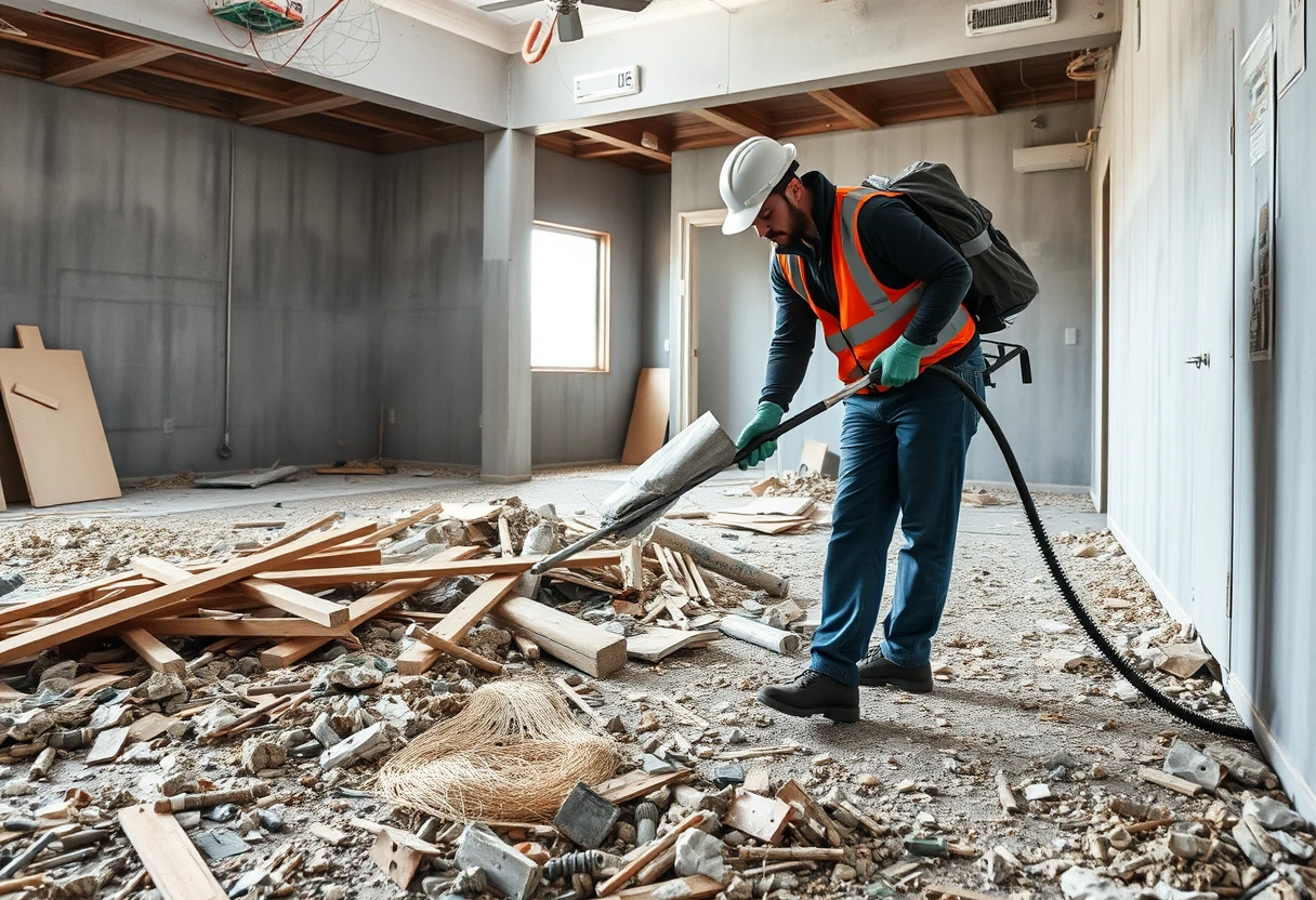 Professional cleaner working on post-construction site